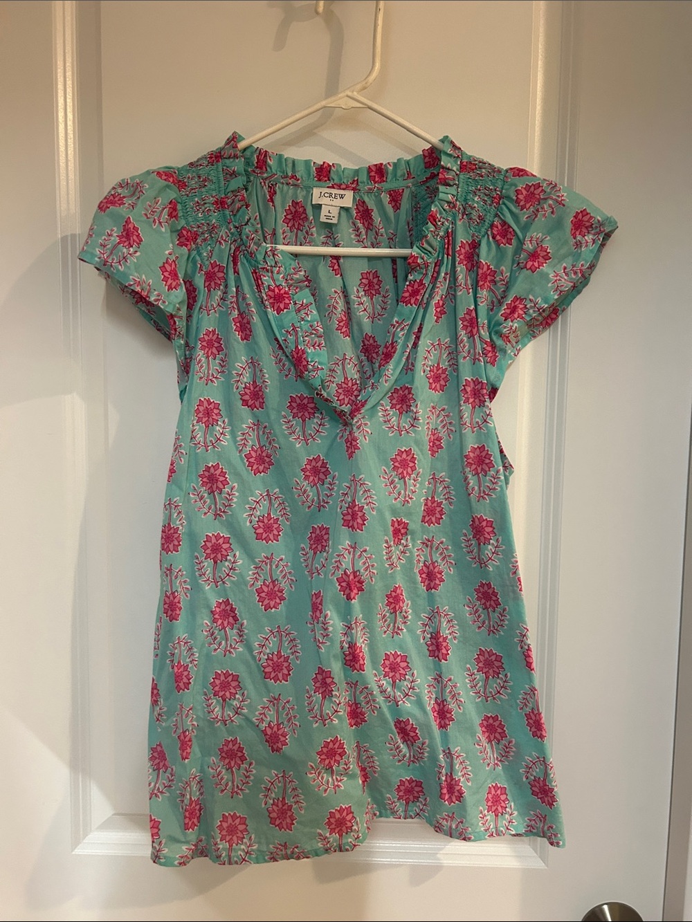 J. Crew Aqua Pink Floral V-Neck Short Sleeve Tunic